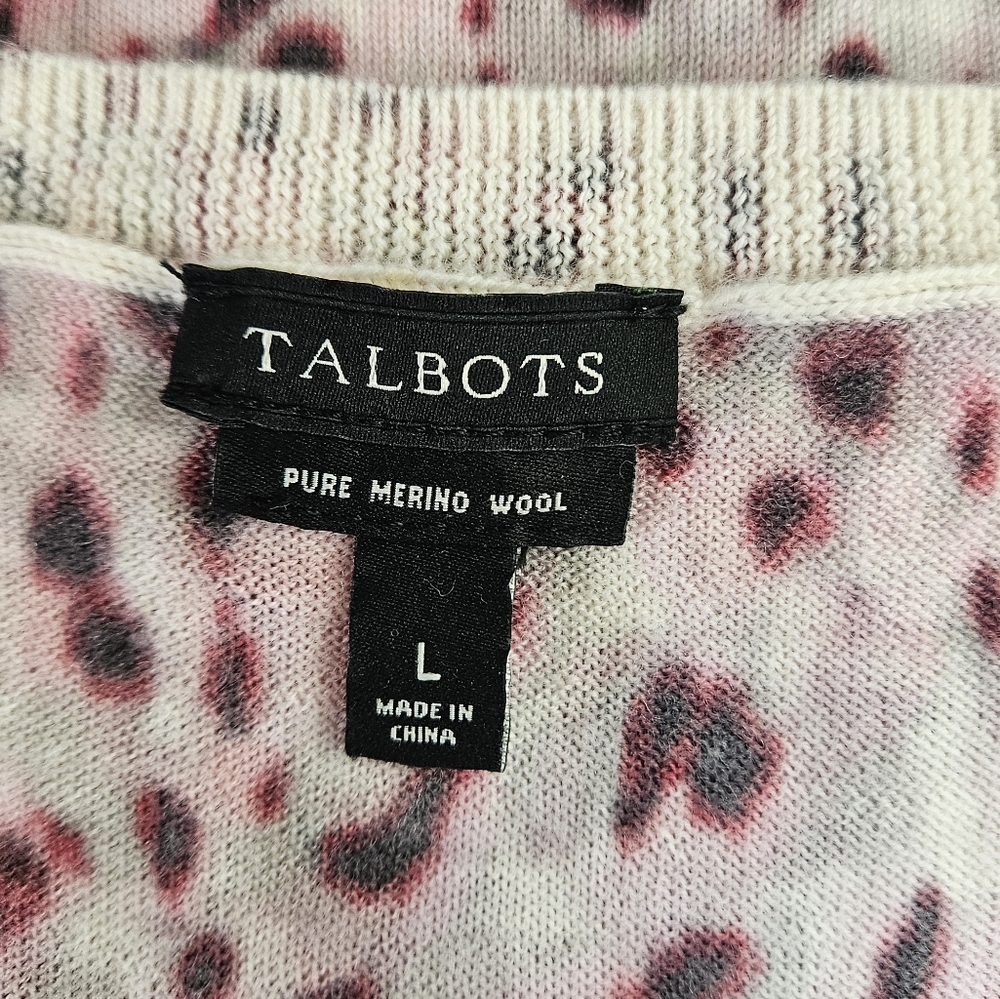 NWOT Talbots pink white animal print Merino wool cardigan sweater Womens Large - Picture 4 of 9